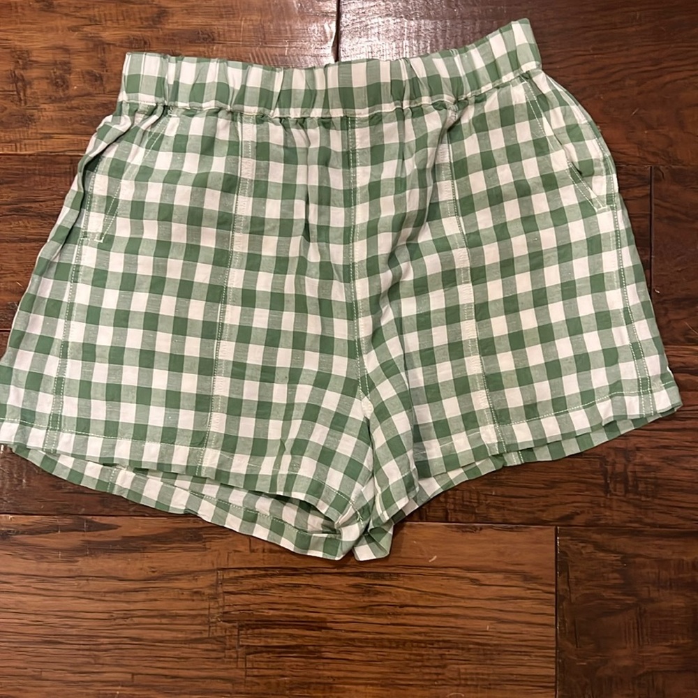 Madewell gingham green and white linen shorts